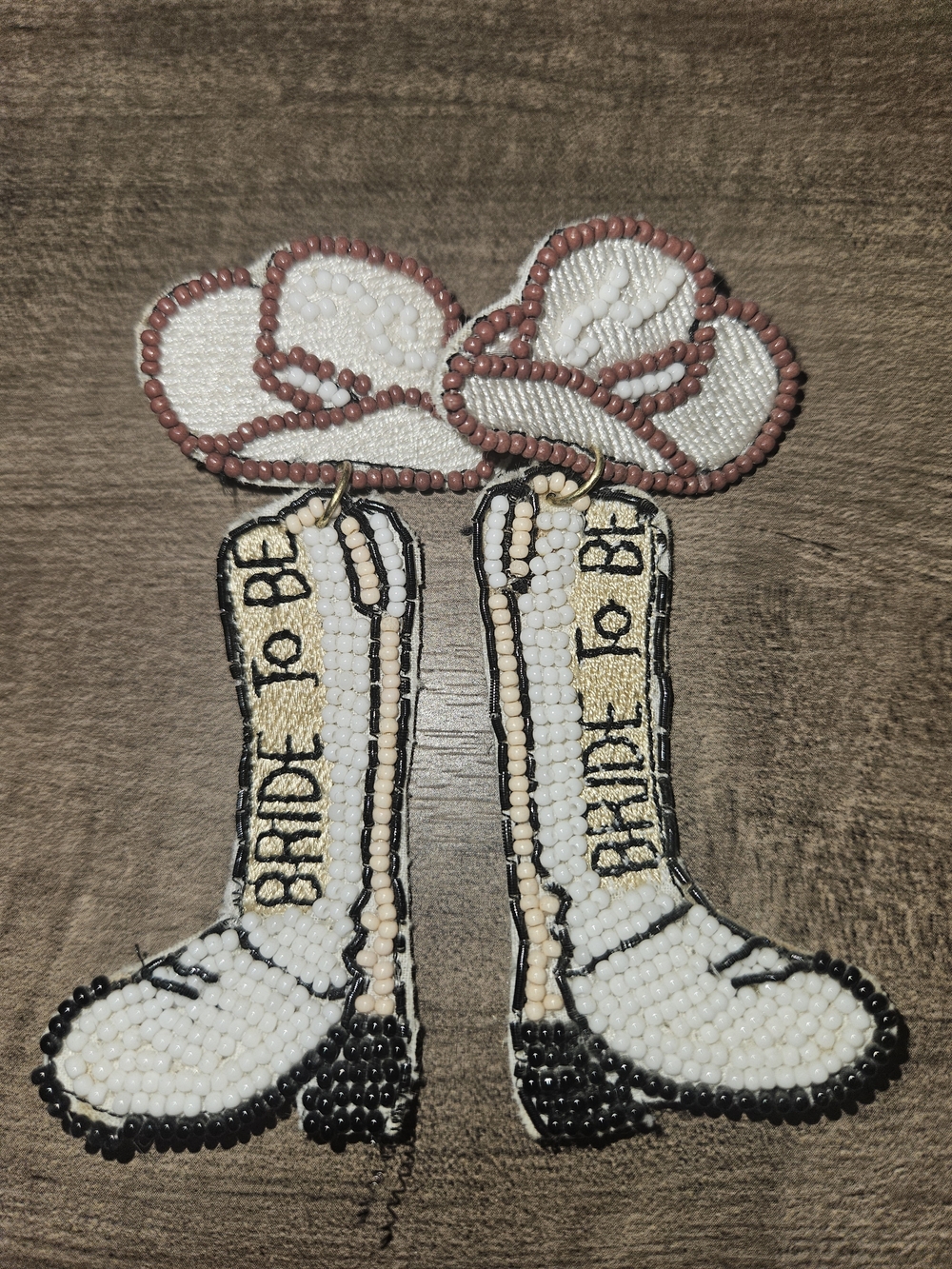 Beaded 'Bride to Be' Cowboy Boot Earrings with Cowboy Hat Accent